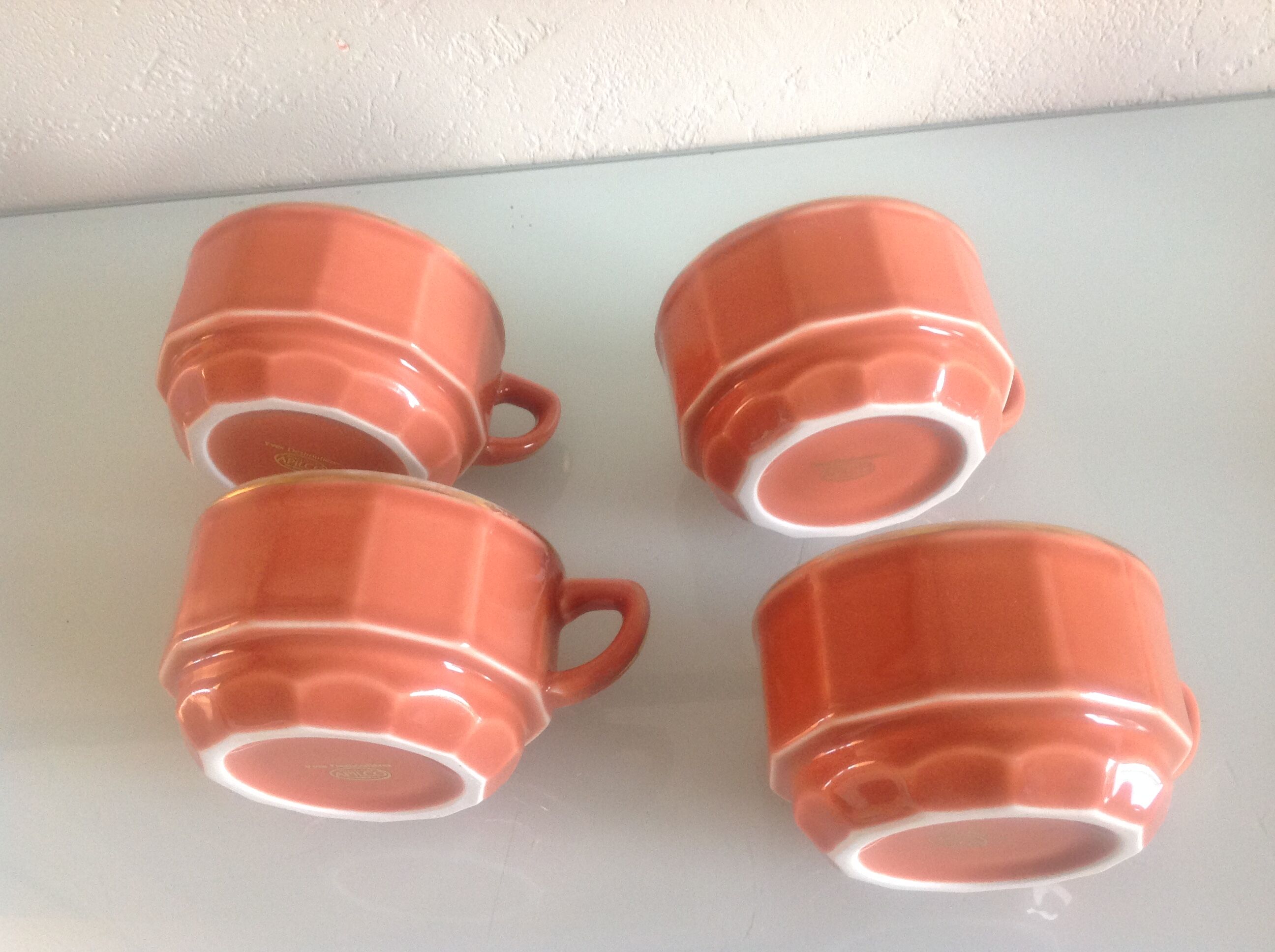 Bistro style four-mugs suite orange-pink by Apilco /vintage 70-80