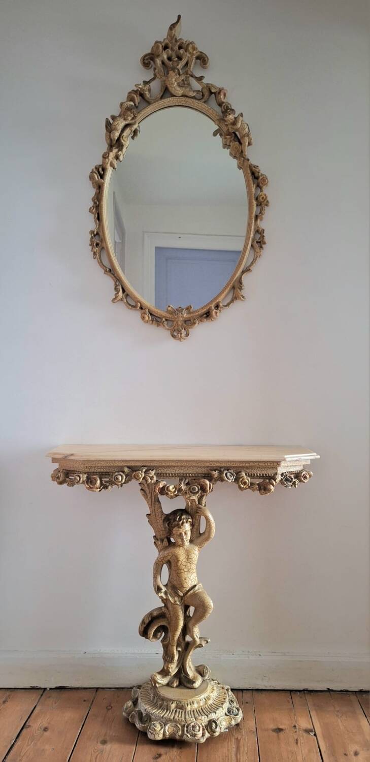 Console and mirror in baroque rococo style, vintage furniture.