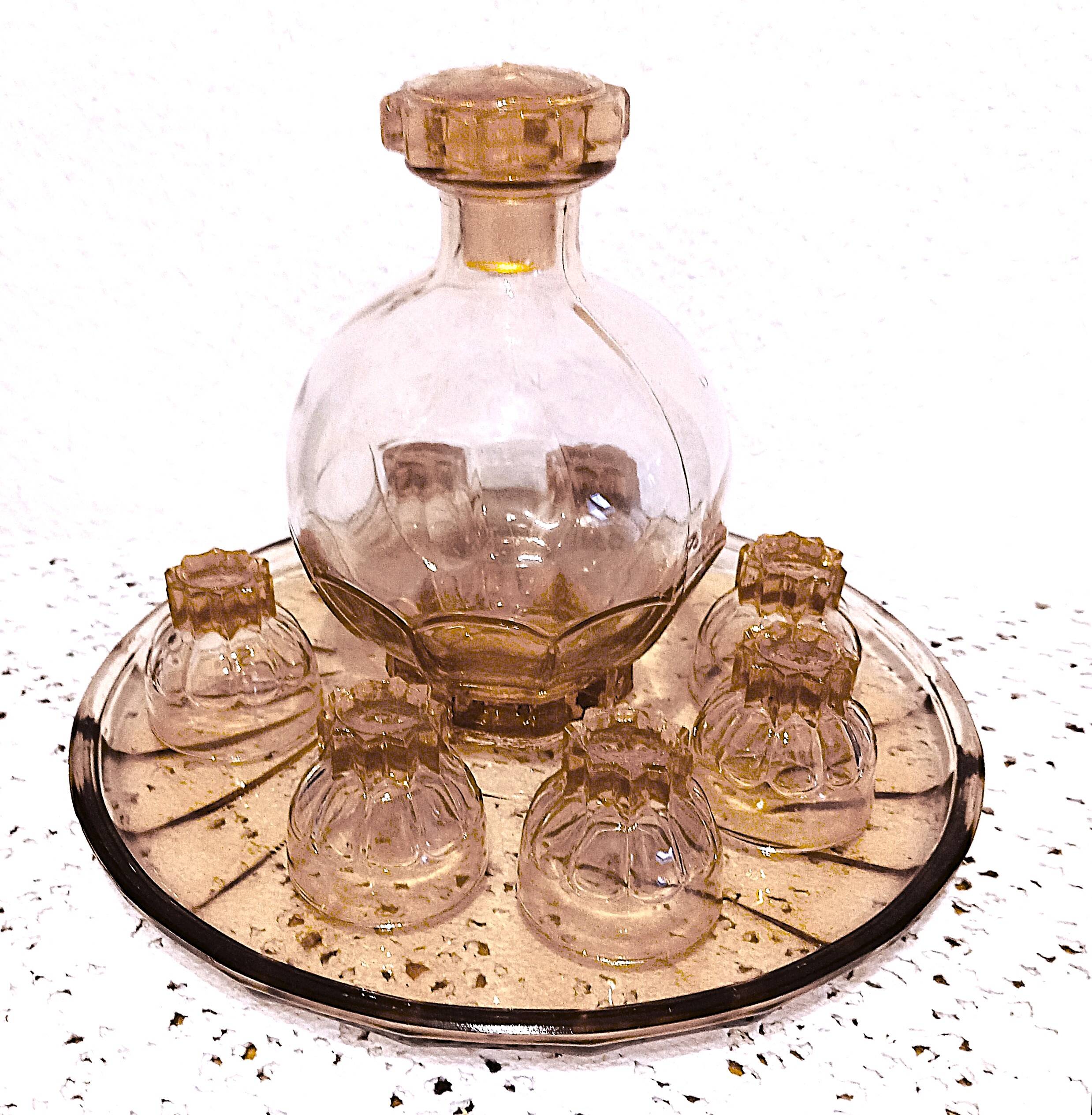 Ensemble Art Deco Carafe Verres Plateau en verre rose