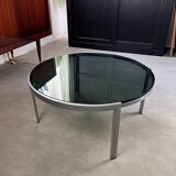70s design round coffee table, metal and smoked glass
