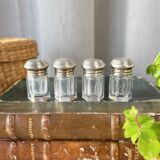 Suite of 4 individual salt shakers, silver & crystal