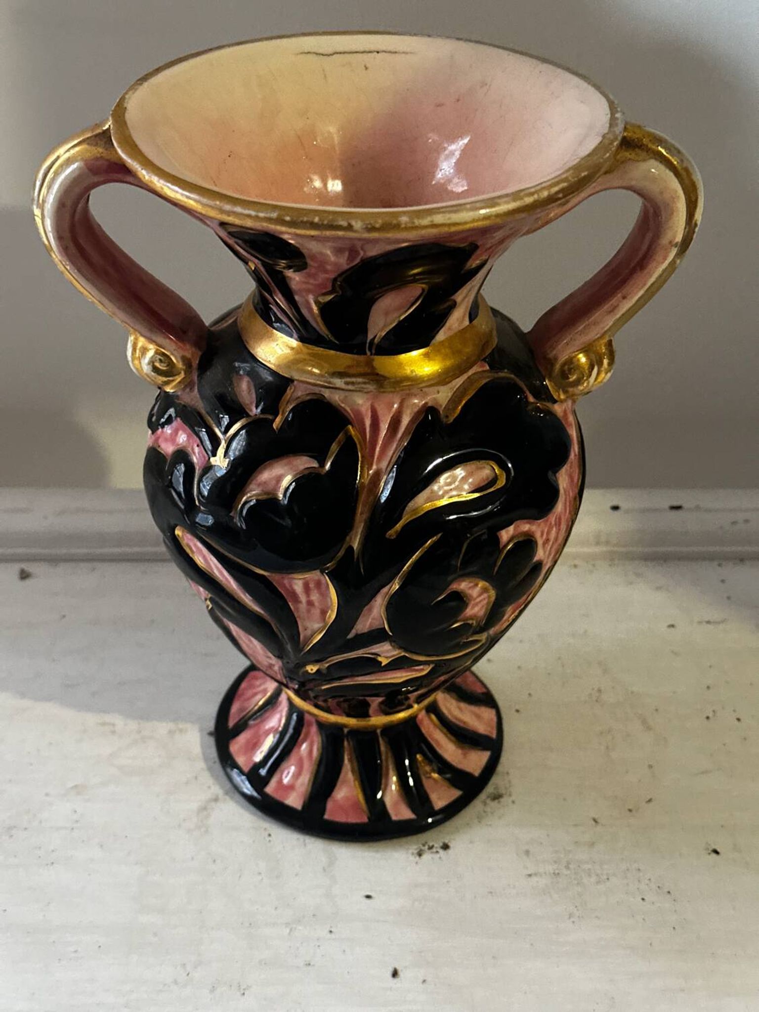 Vintage Vallauris vase amphora with relief floral decoration.