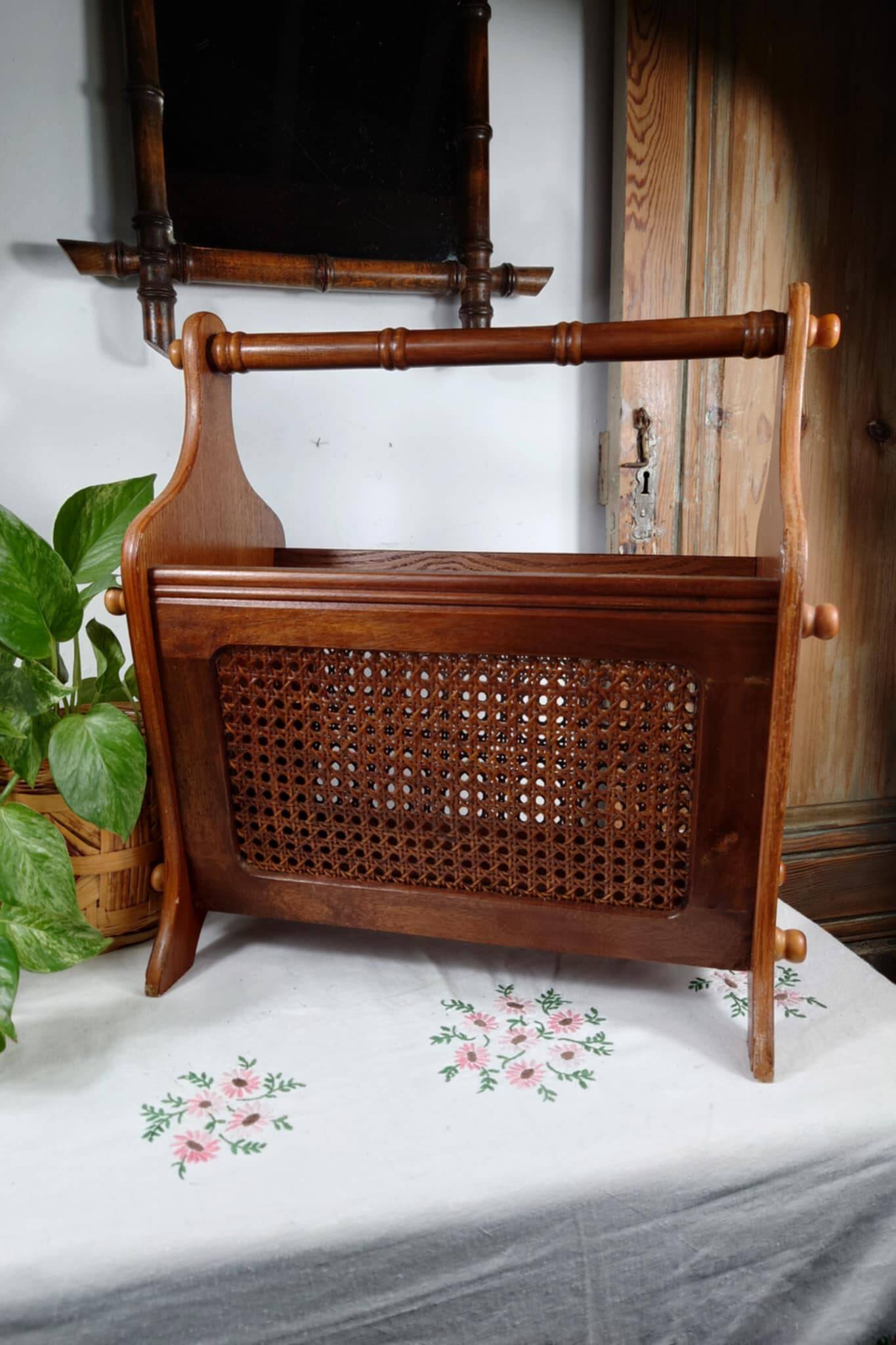 Antique wooden and cane magazine rack
