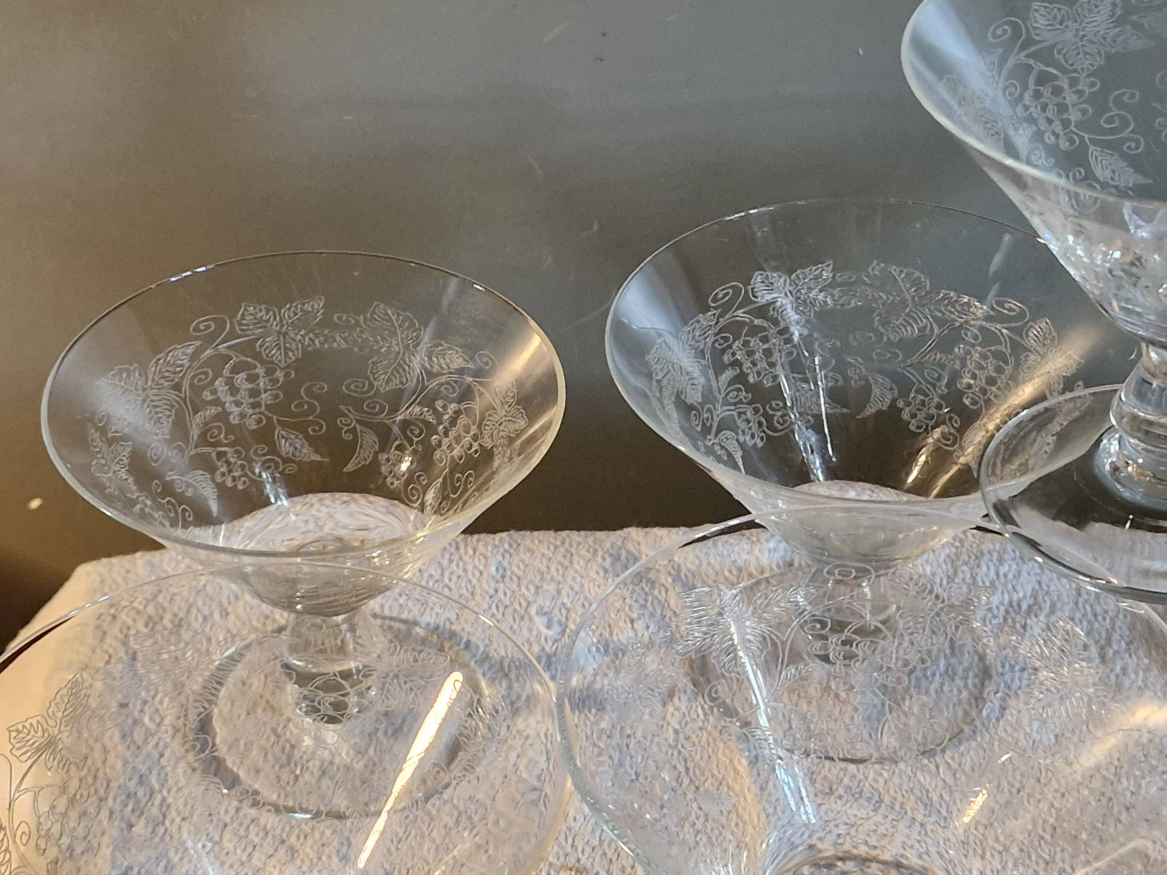 7 Art Deco crystal champagne coupes, grape clusters (+ 2 gifts)