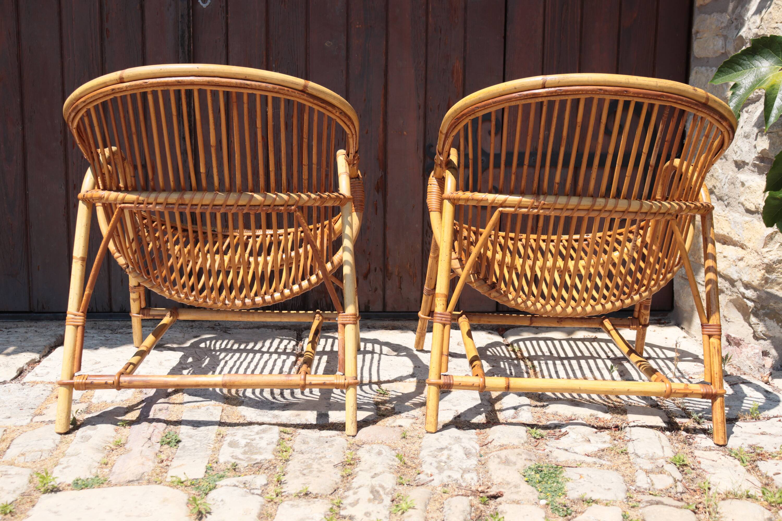 Pair of rattan armchairs Audoux-Minnet style