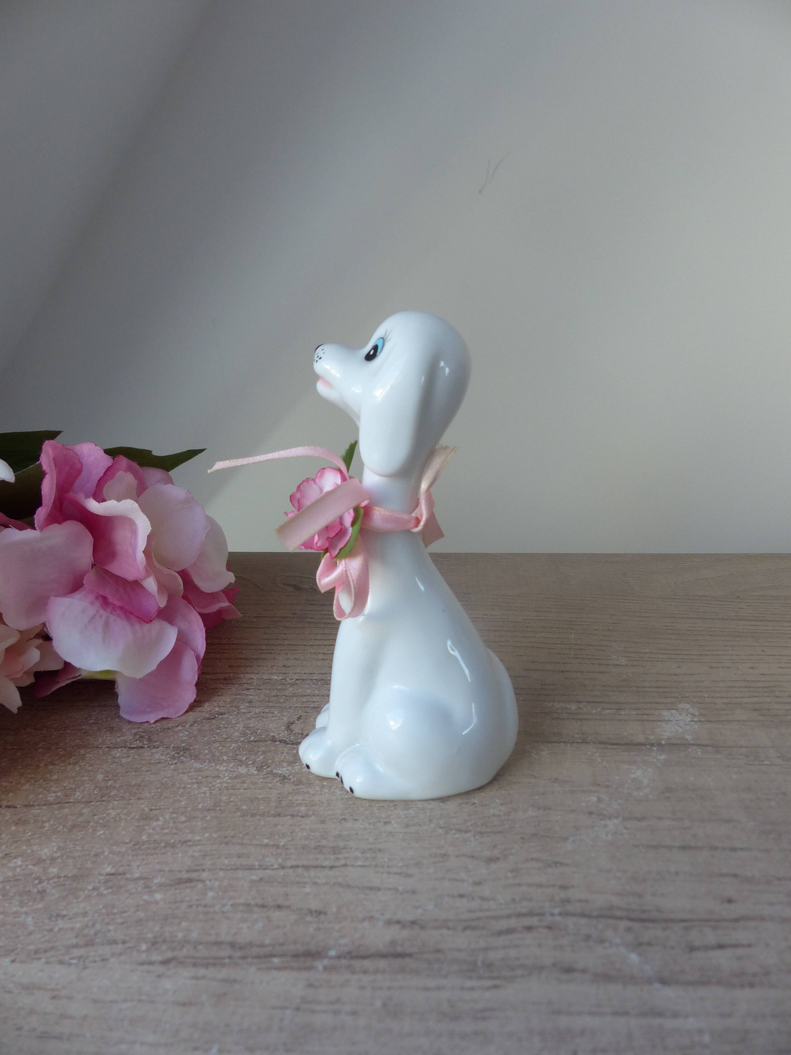 Vintage Small Romantic Ceramic Dog Figurine with Pink Flower Fabric Ribbon