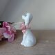 Vintage Small Romantic Ceramic Dog Figurine with Pink Flower Fabric Ribbon