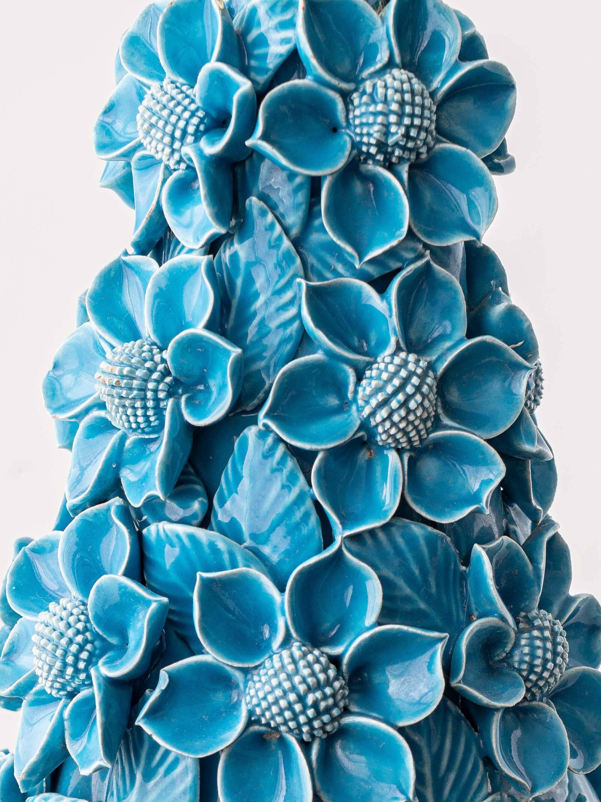 Turquoise glazed ceramic floral table lamp from Manises mid-century, with a new silk shade.