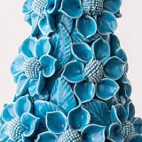 Turquoise glazed ceramic floral table lamp from Manises mid-century, with a new silk shade.