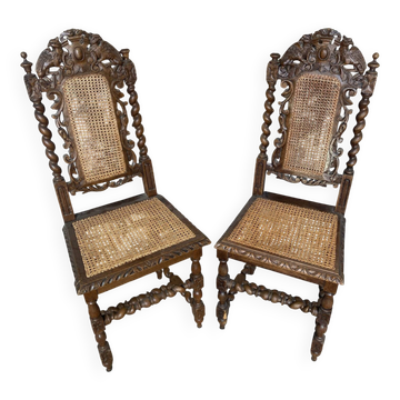 Pair of antique henri ii chairs carved wood + vintage caned seat