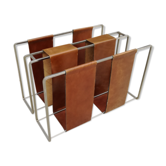 Minimalist metal and camel leather magazine holder