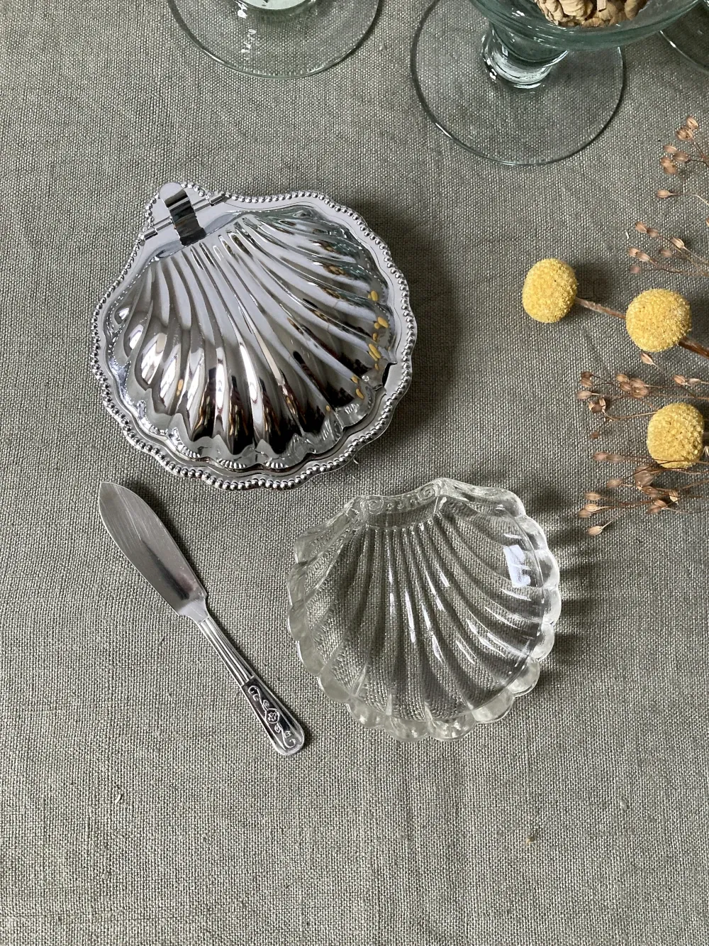Metal shell butter dish with glass bowl and knife