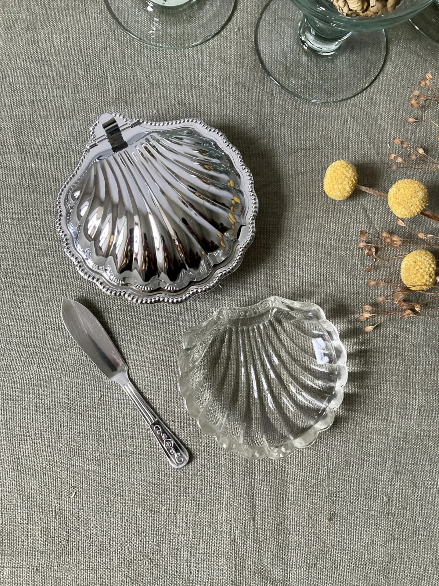 Metal shell butter dish with glass bowl and knife