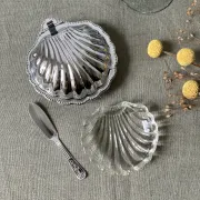 Metal shell butter dish with glass bowl and knife