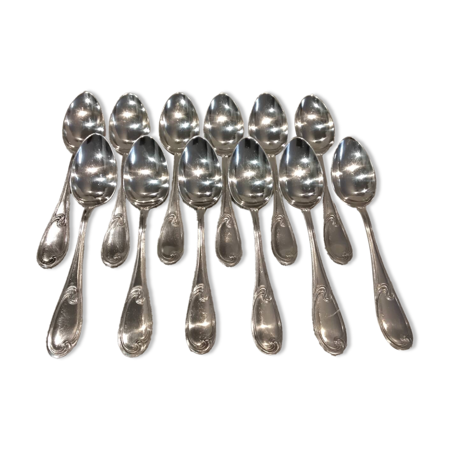 12 silver-plated metal soup spoons, Ercuis silversmith, Mousseline pattern, 22.1cm