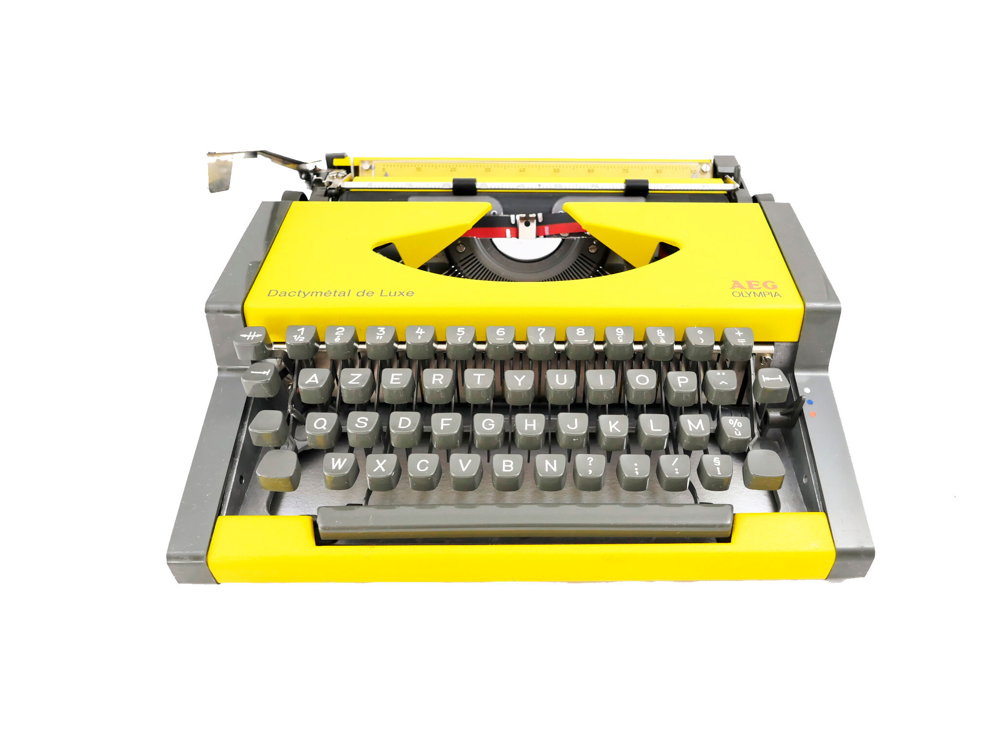 Machine à écrire Olympia AEG Dactymétal De Luxe Jaune révisée ruban neuf avec valise verte