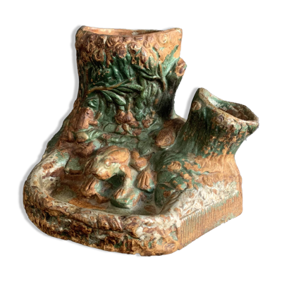 Pyrogène, pot à tabac naturaliste en terre cuite vernissée, époque 1900