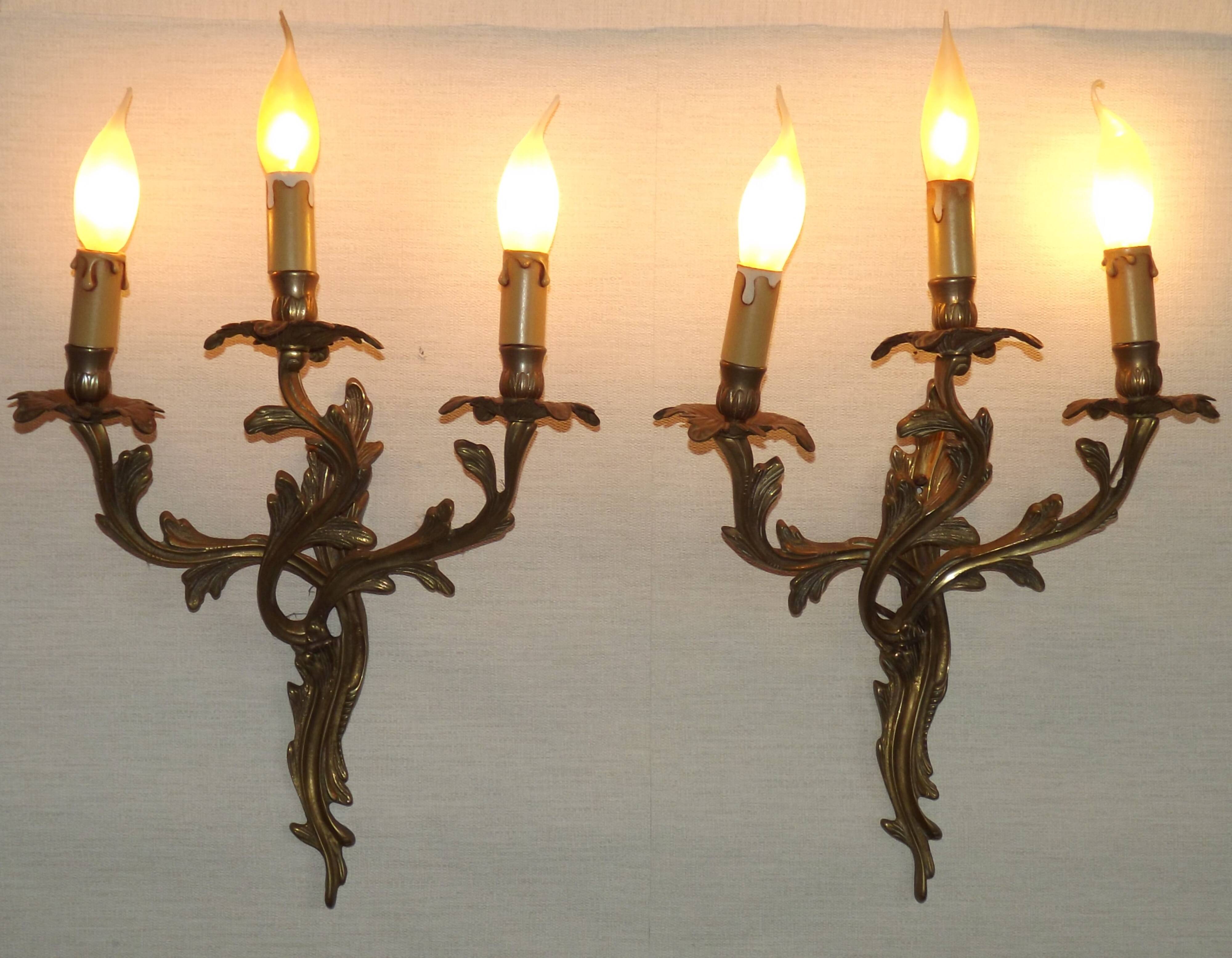 Magnificent Pair of French Antique Bronze Three-Light Acanthus Wall Sconces