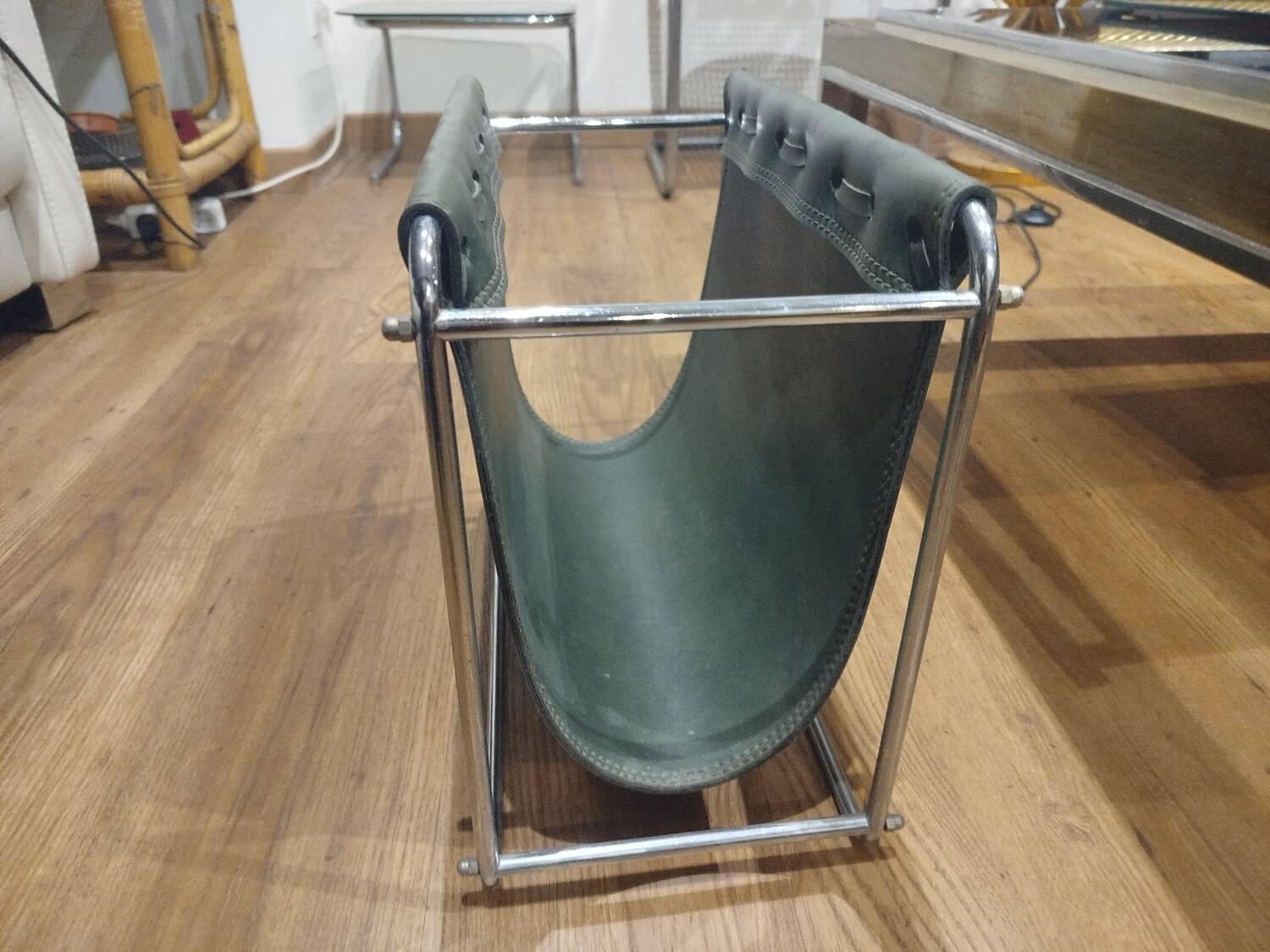 Designer leather magazine rack, 1970s
