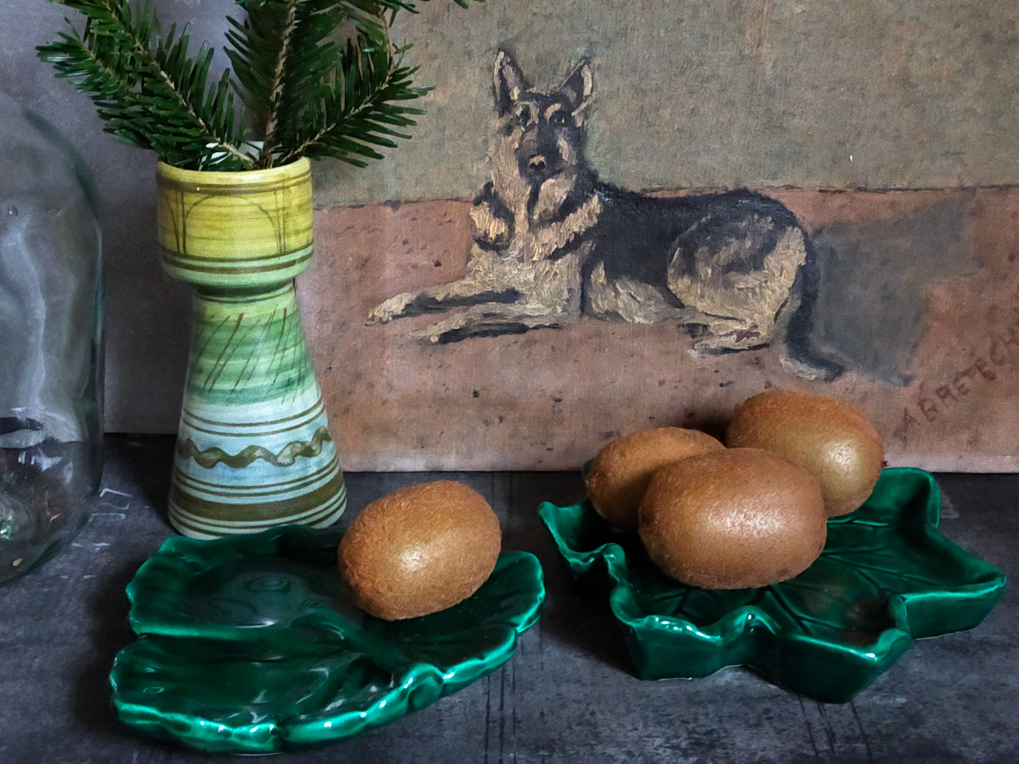 Duo of leaf cups in green slurry from Vintage Vallauris