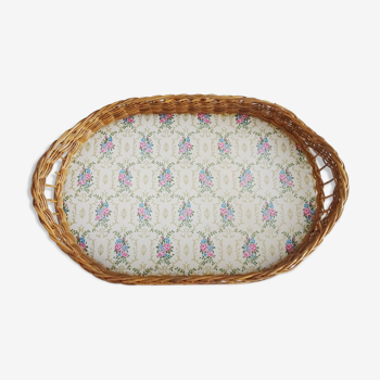 Rattan serving tray with floral pattern, tray with handles