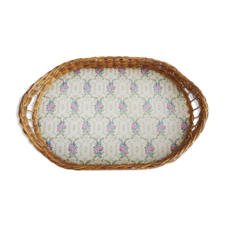 Rattan serving tray with floral pattern, tray with handles