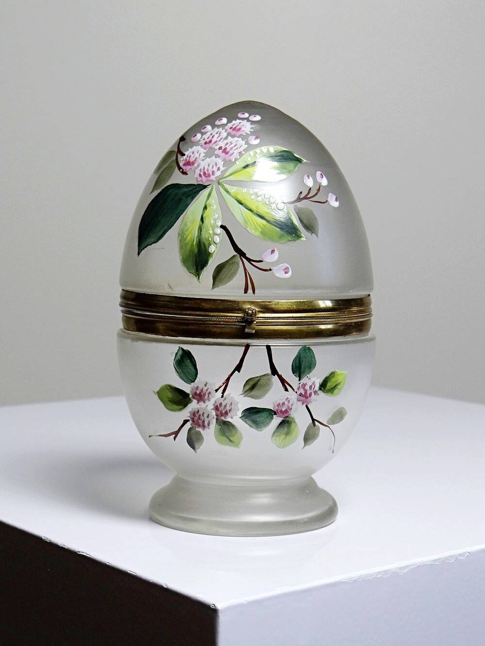 Antique 19th-20th century frosted enamelled glass and brass egg box