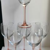 Set of 6 large pink-stemmed wine glasses Made in France 1970s