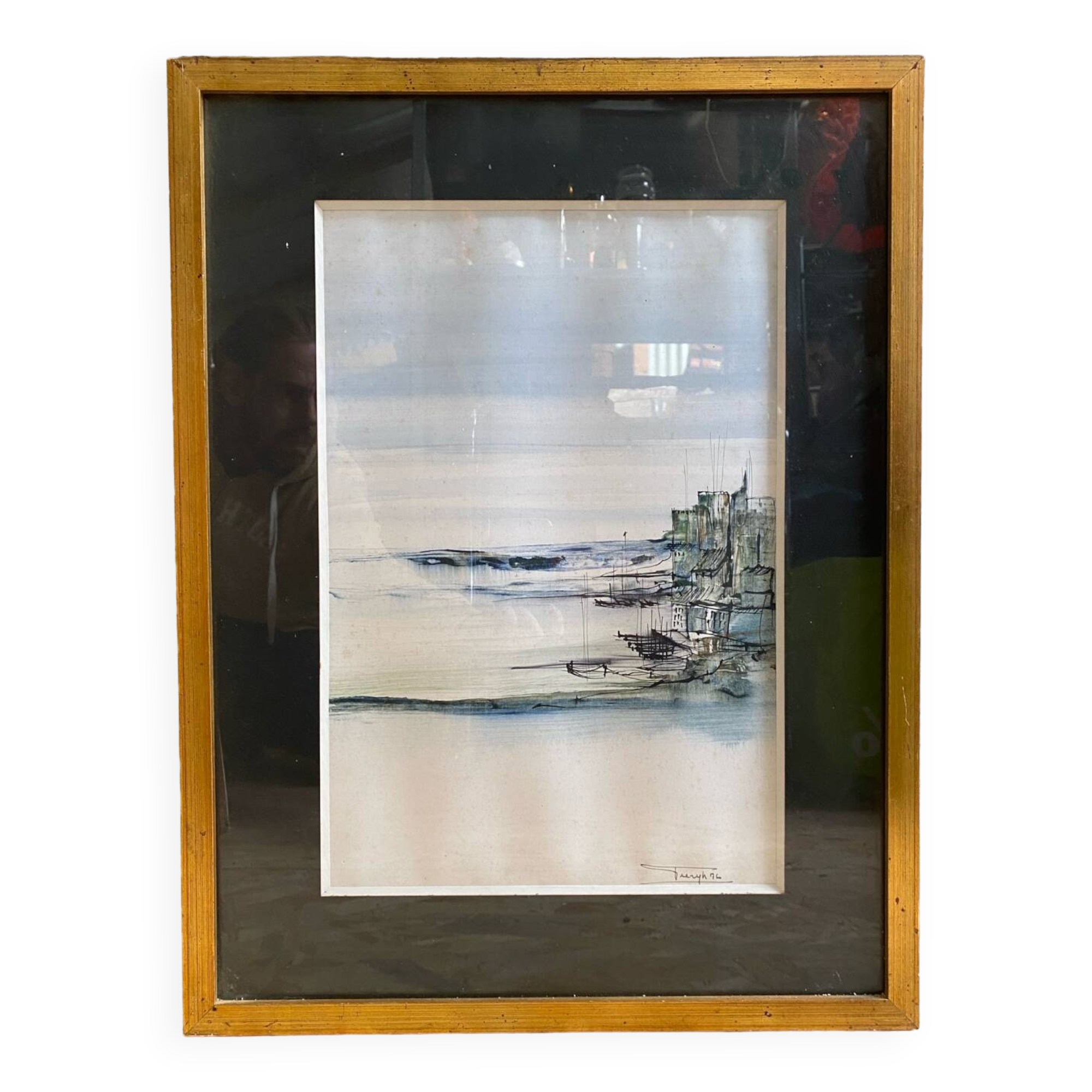 Old ink painting seaside view signed + golden wood frame