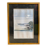 Old ink painting seaside view signed + golden wood frame