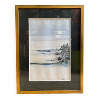Old ink painting seaside view signed + golden wood frame