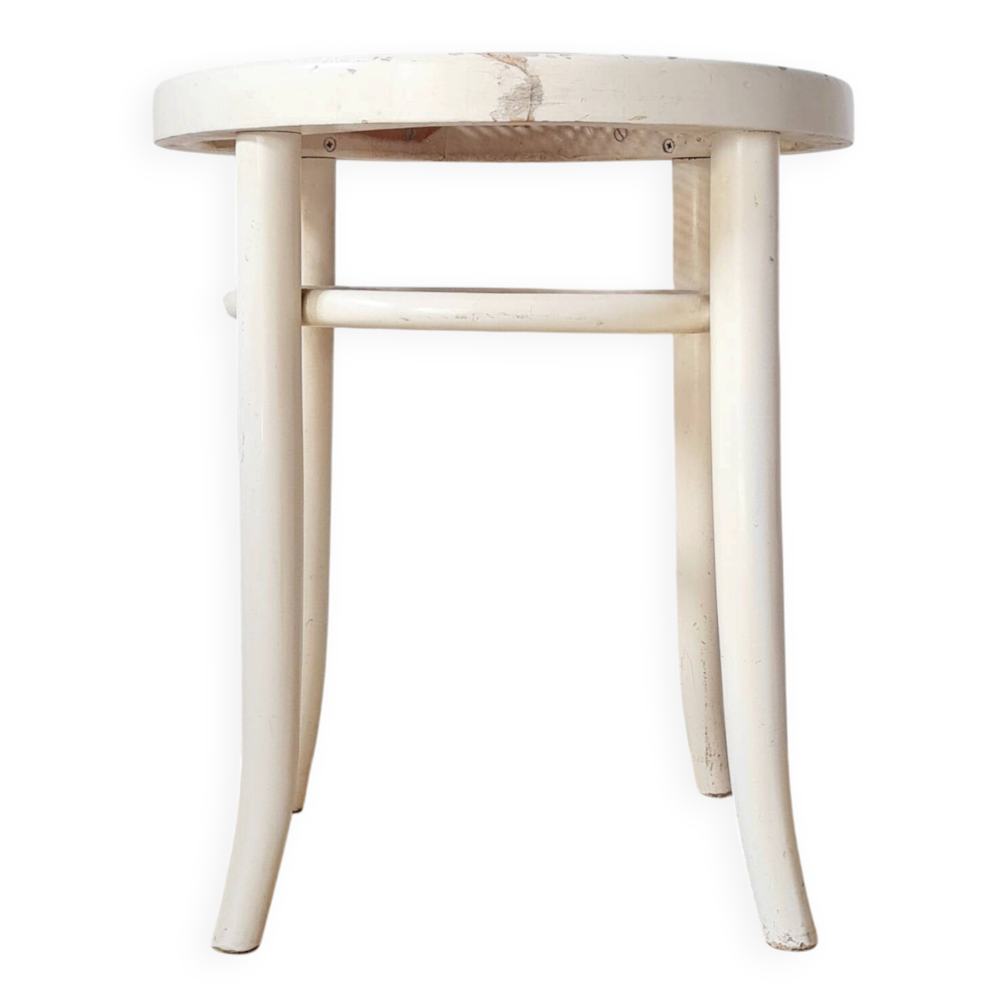 Tabouret vintage en bois courbé blanc et assise en cannage – Esprit Thonet