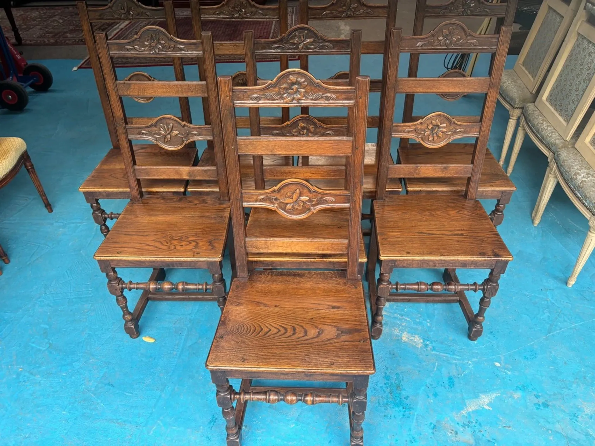 Set of 8 Rustic Chairs in Henri II Style, Carved Oak