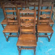 Set of 8 Rustic Chairs in Henri II Style, Carved Oak