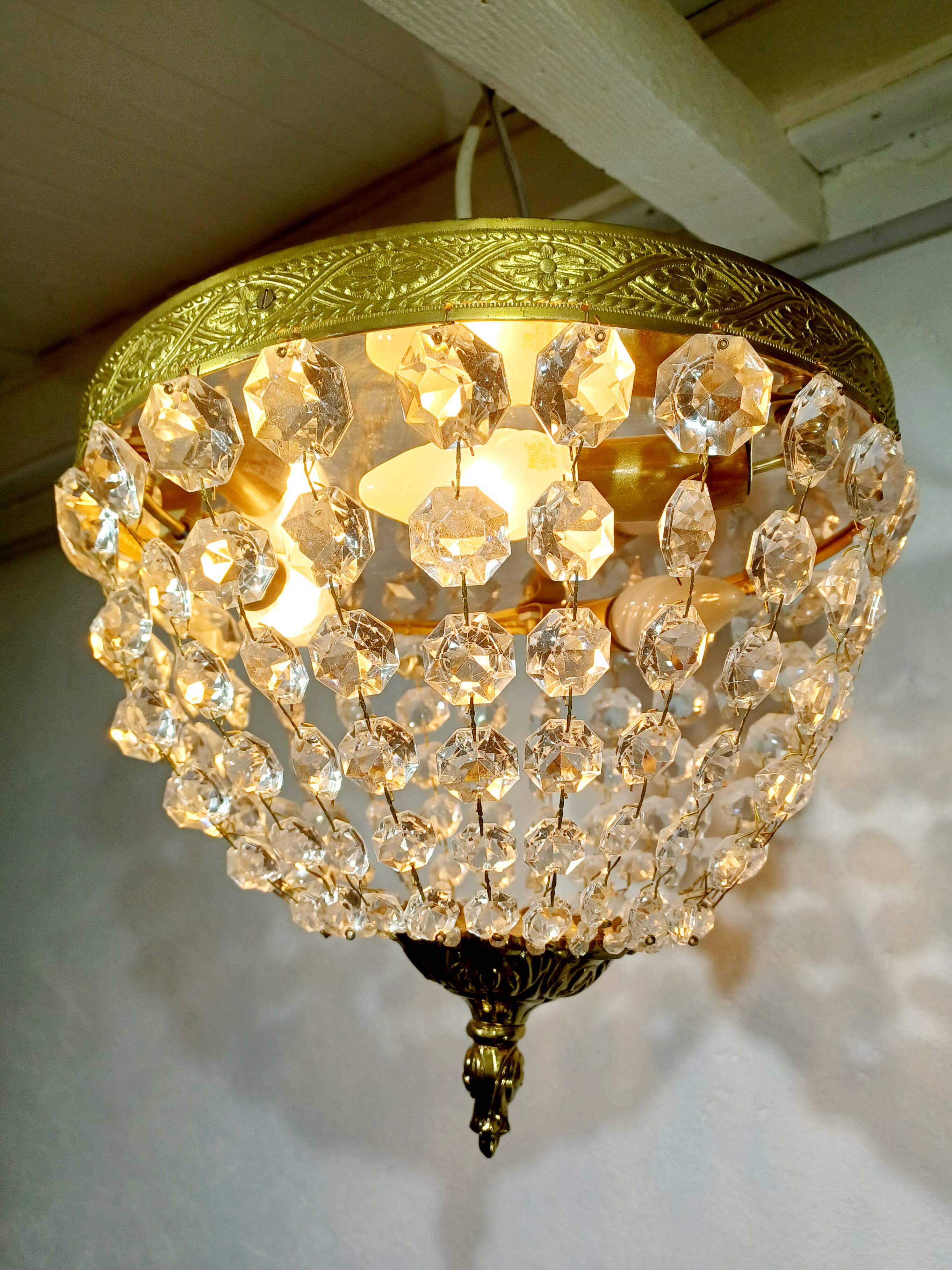 Plafonnier 3 lumières bronze et cristal