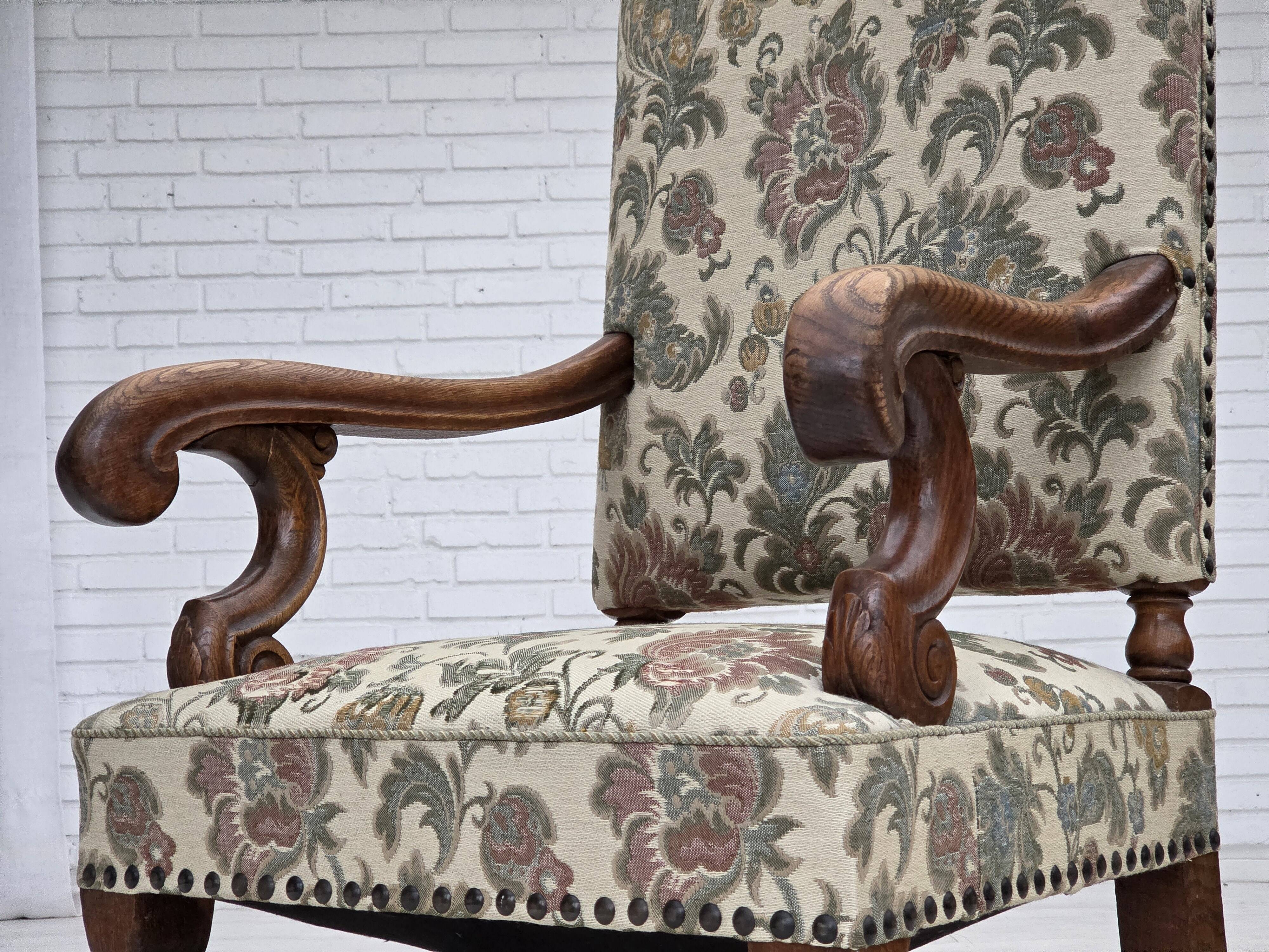 1950s, Scandinavian highback armchair, furniture fabric, oak wood.