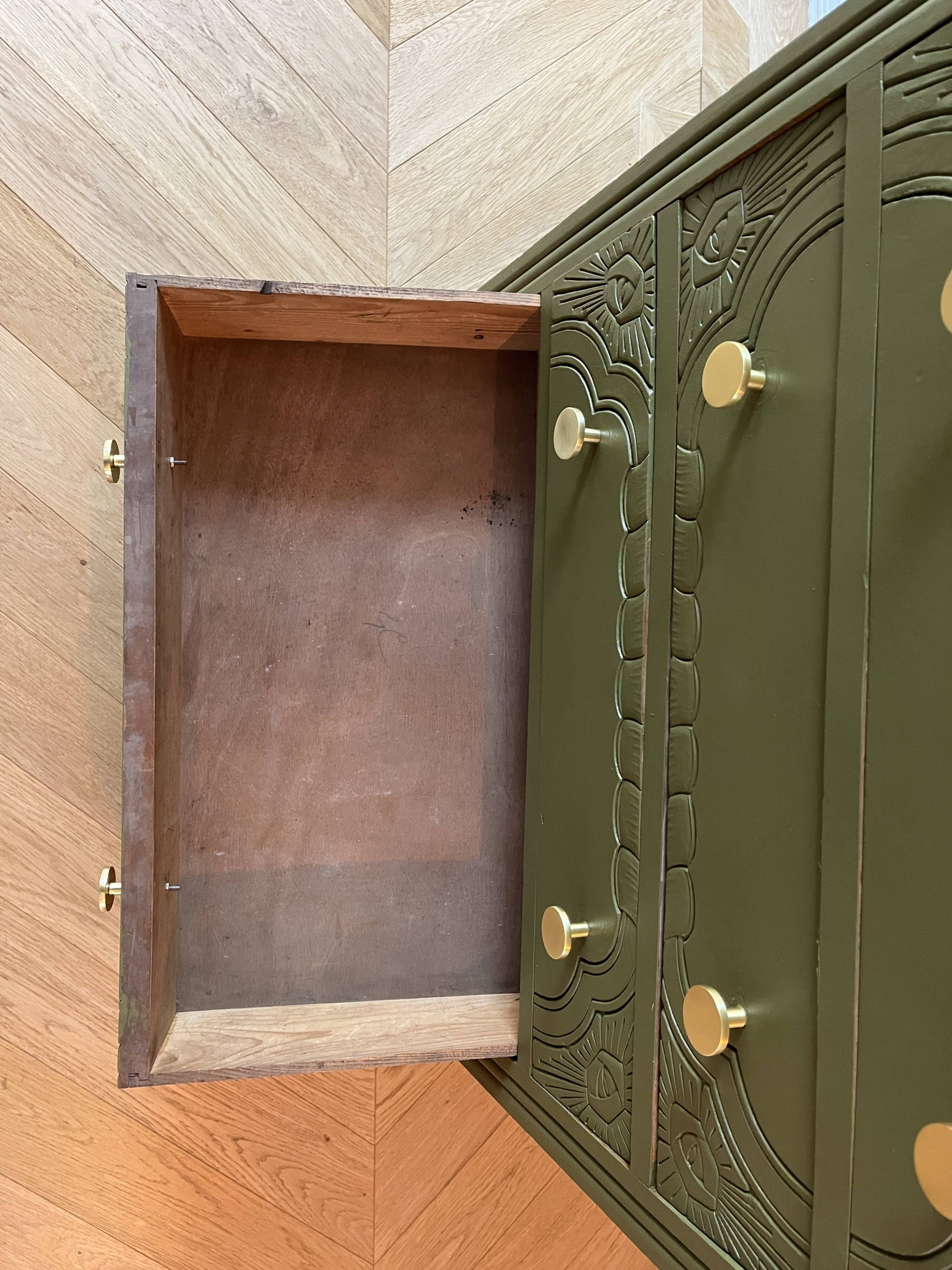 Art Deco chest of drawers - woody green - gold handles