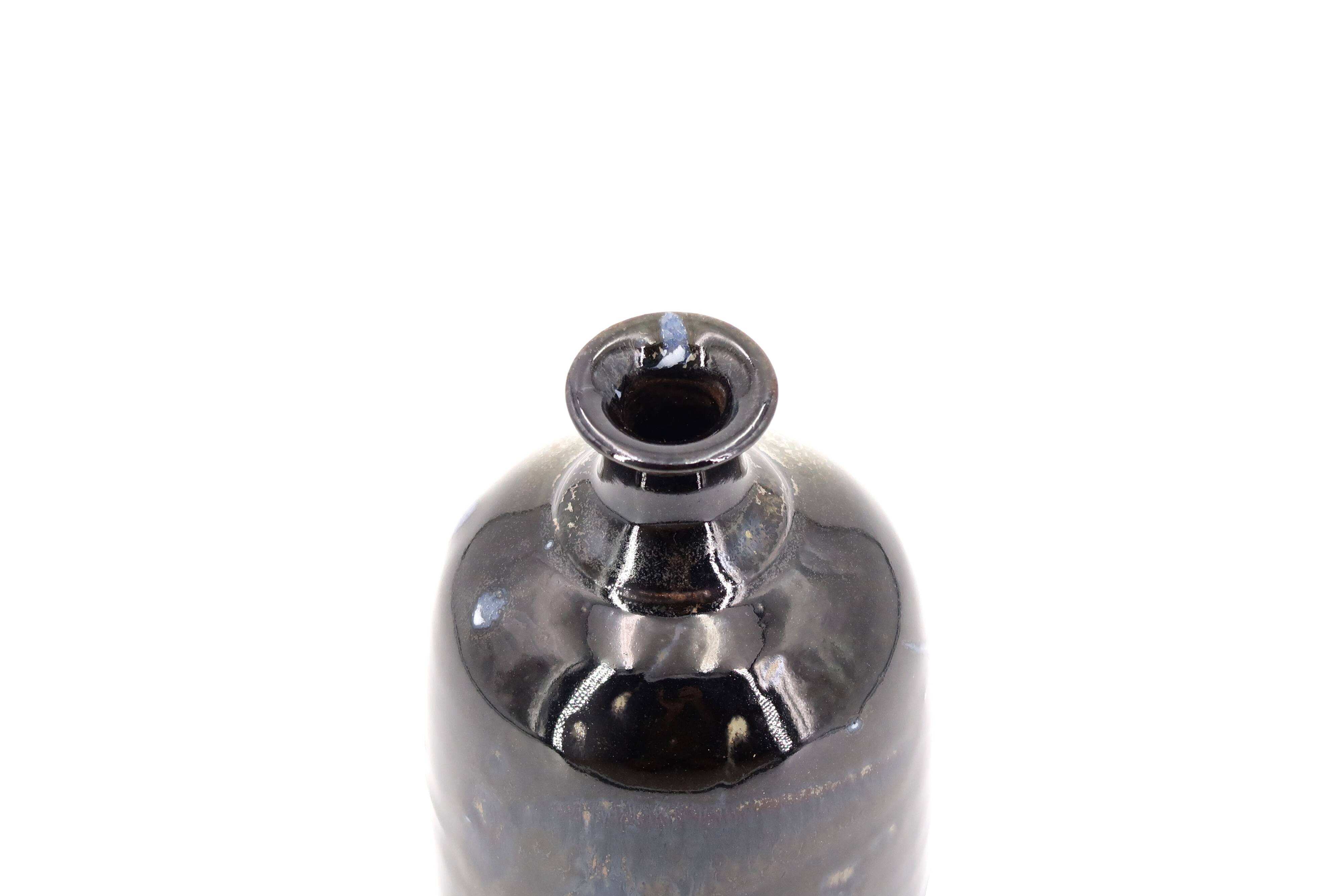 Black bottle vase signed in ceramic, abstract decoration