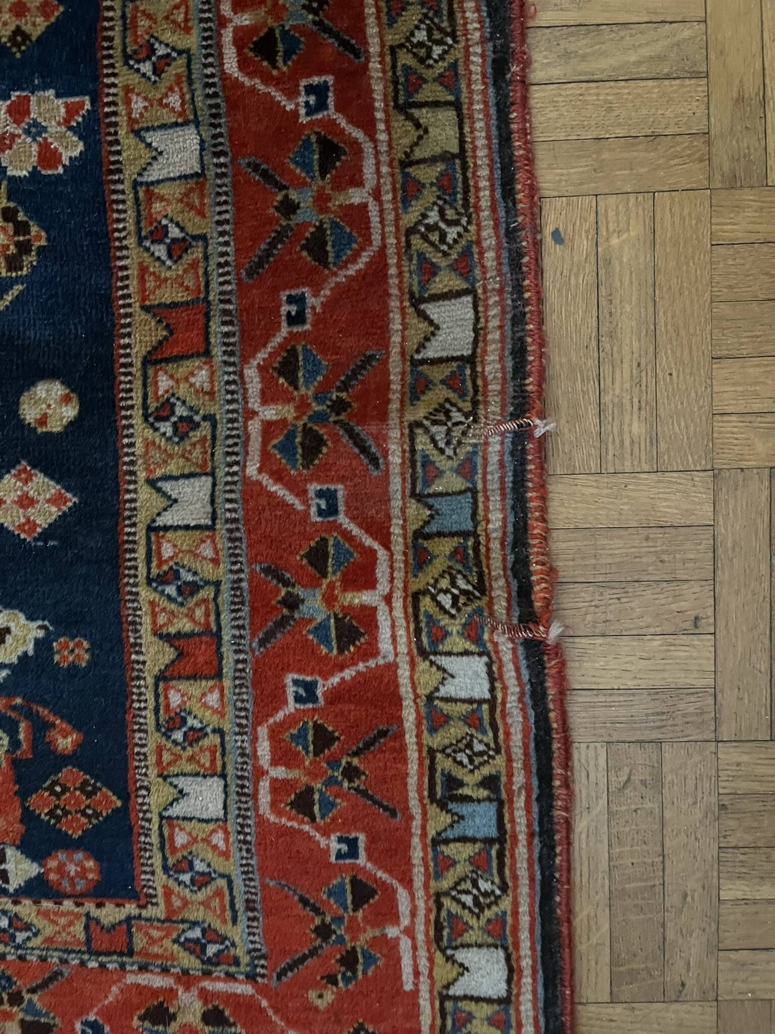 Antique handmade Persian Qashqai nomadic rug – blue background 94x112cm