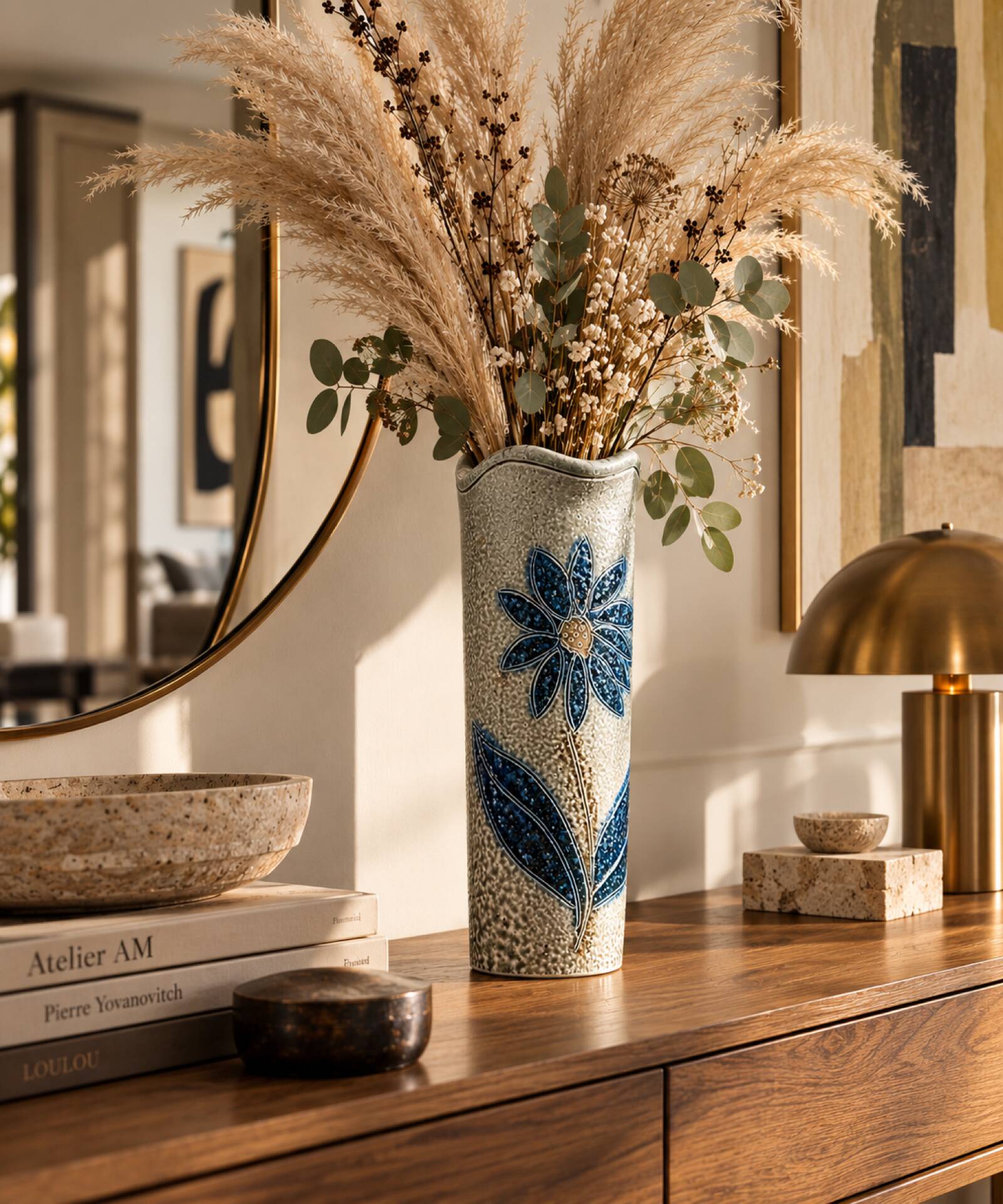 Large vintage ceramic vase – blue floral decoration