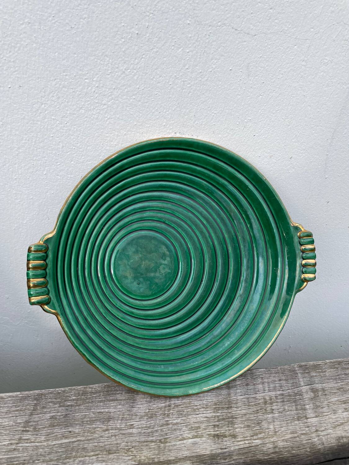 Round art deco green ceramic dish