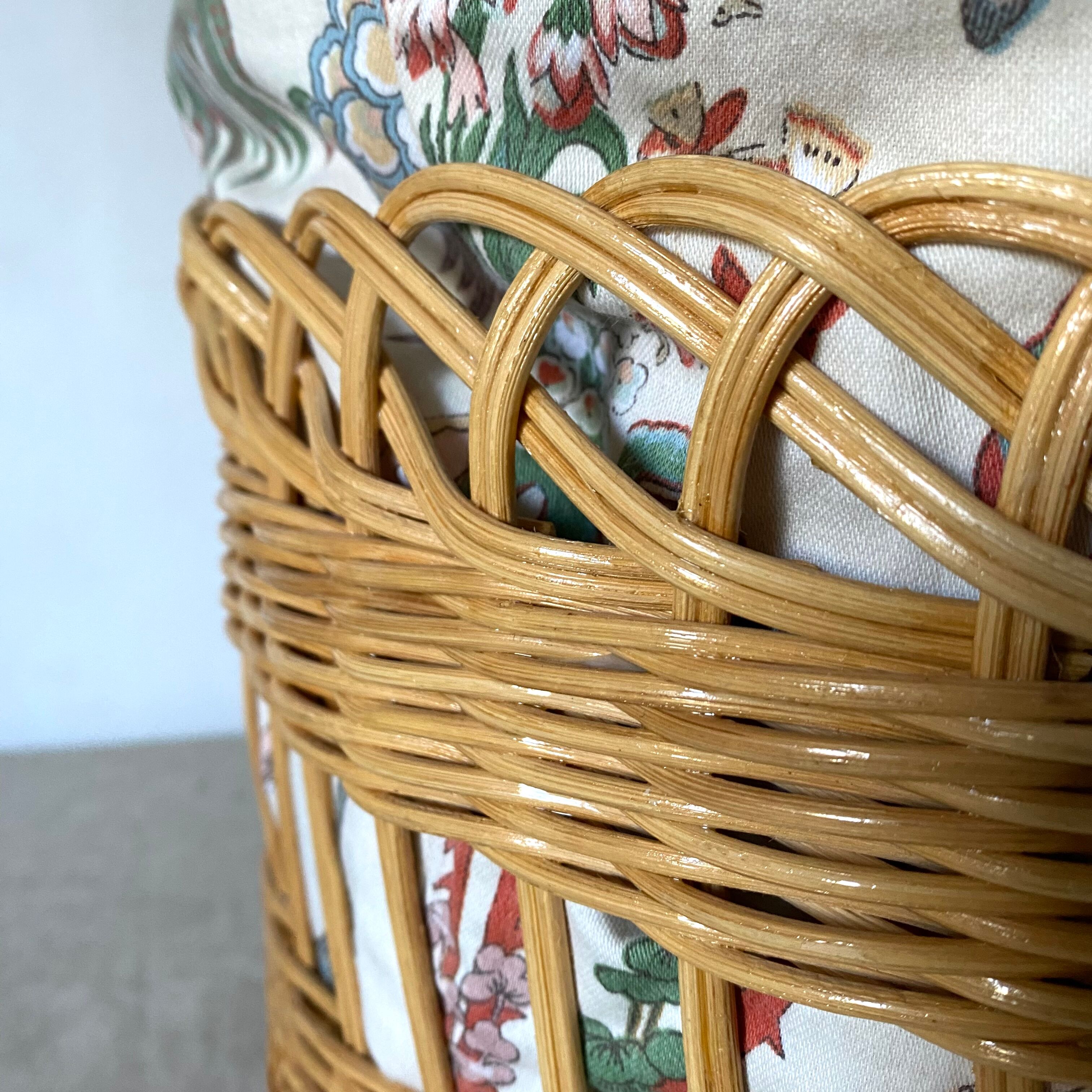 Rattan pouf and vintage fabric