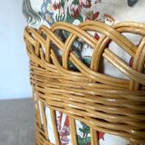 Rattan pouf and vintage fabric