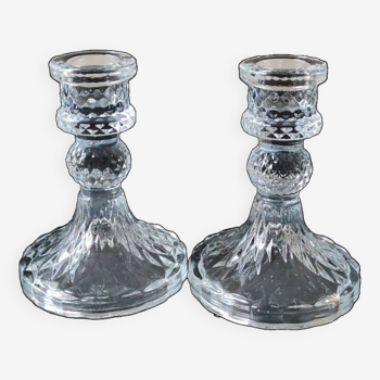 Pair of vintage flambeaux candlesticks, in blown glass. cross/diamond patterns. inclusion of faceted ball on the stem.