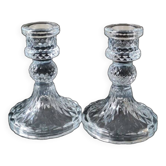 Pair of vintage flambeaux candlesticks, in blown glass. cross/diamond patterns. inclusion of faceted ball on the stem.