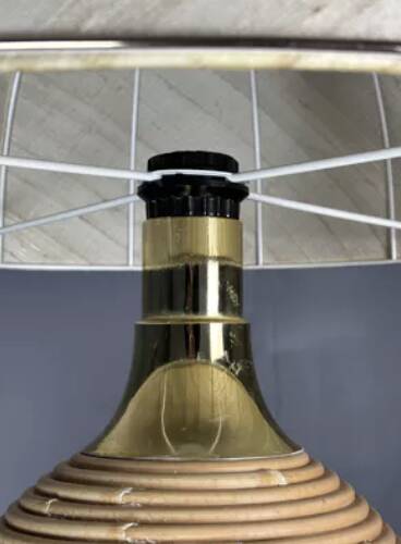 Large midcentury pencil reed rattan bamboo mushroom table lamp, 1970s