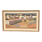 Grande huile sur toile suédoise originale – « Paysage de village du sud » par Rolf Norrman (1921–1964) – Vintage et encadrée – 79 × 45 cm