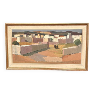 Grande huile sur toile suédoise originale – « Paysage de village du sud » par Rolf Norrman (1921–1964) – Vintage et encadrée – 79 × 45 cm