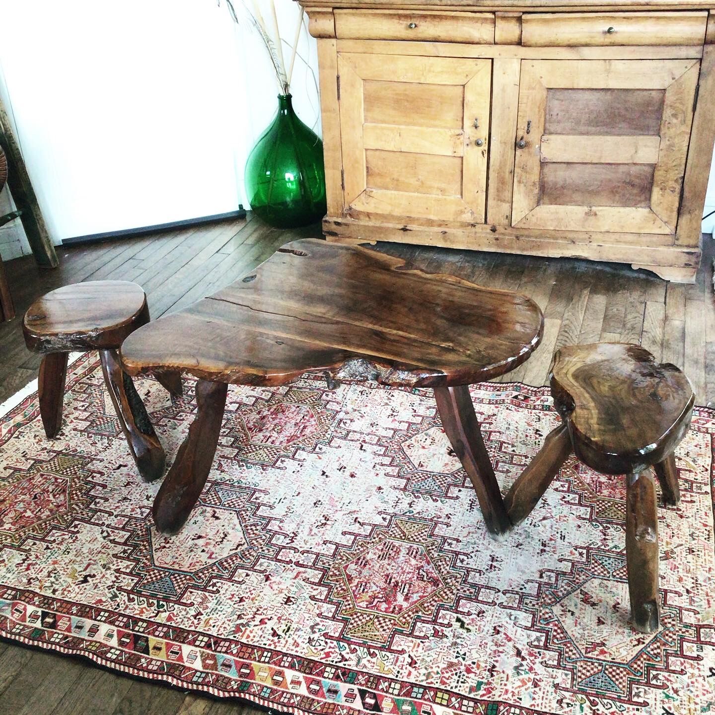 Brutalistic solid wood table and stools