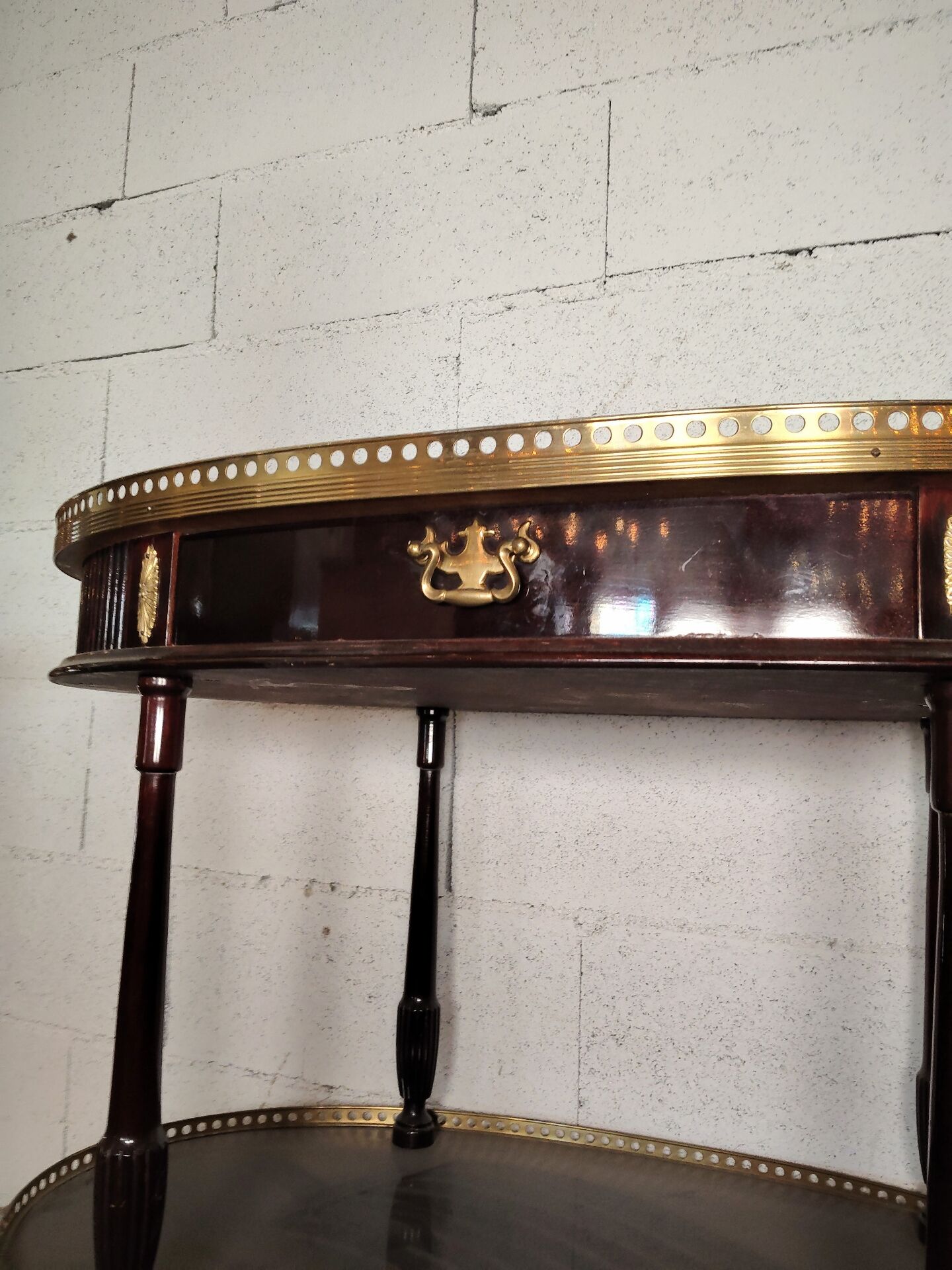 Oval Wooden and Brass Serving Table in Louis XVI Style / Maiso